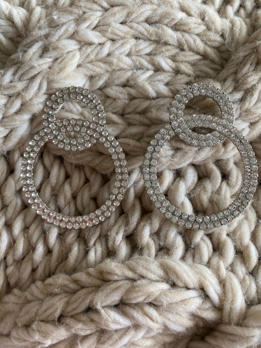 Silver Textured Double Hoop Earrings, Clear Crystal Accents